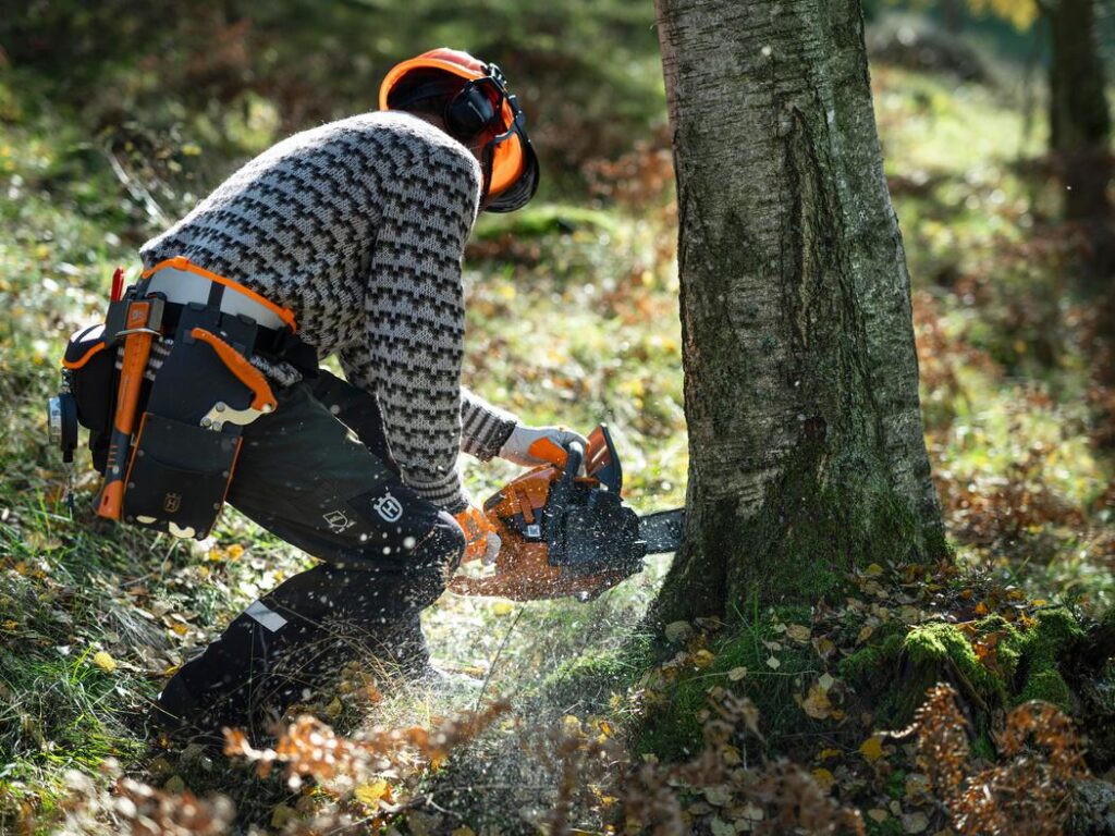 Medarbejder der saver træ, med en Husqvarnas motorsav, på knæ